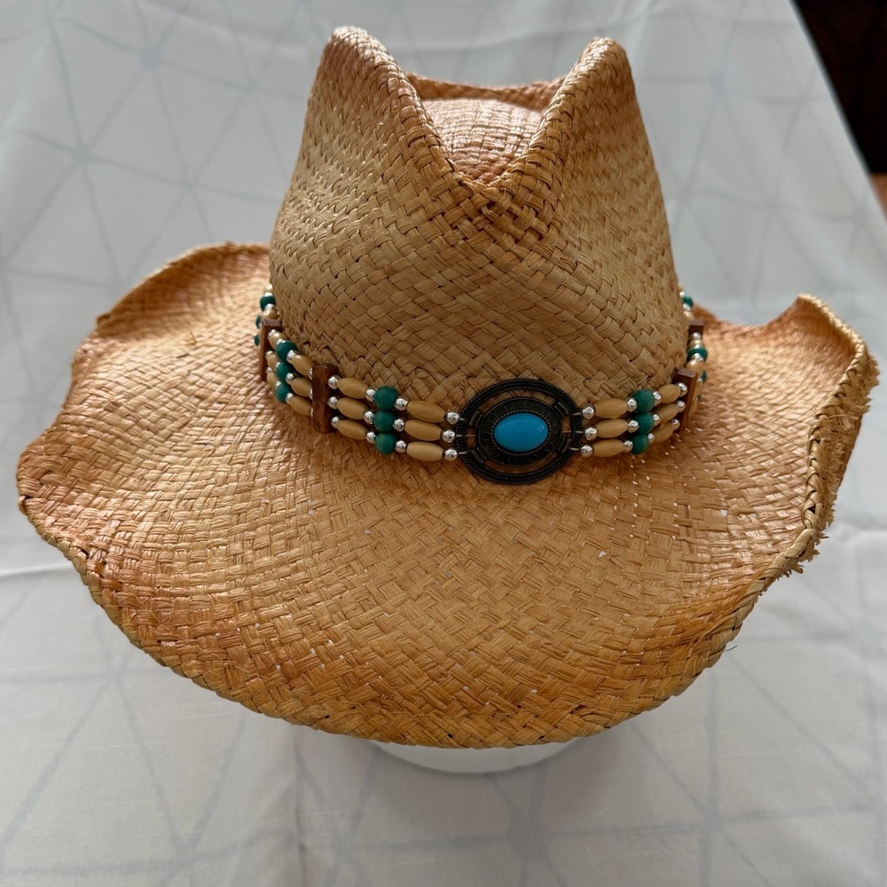 Western Express Tan Straw Hat with Beaded Band